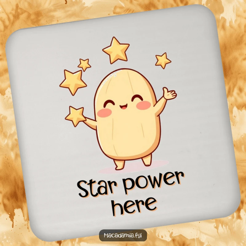 Funny macadamia nut coaster depicting a rosy-cheeked character juggling sparkling stars, a magical drink accessory.