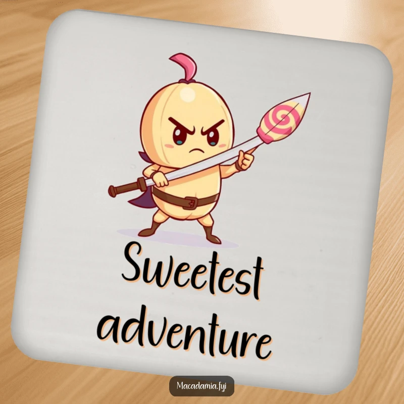 Funny macadamia nut coaster depicting a determined character wielding a lollipop as a sword, a symbol of sweet bravery.
