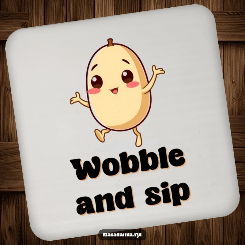 Funny macadamia nut character with wobbly legs dancing precariously on a drink coaster, a humorous accessory.