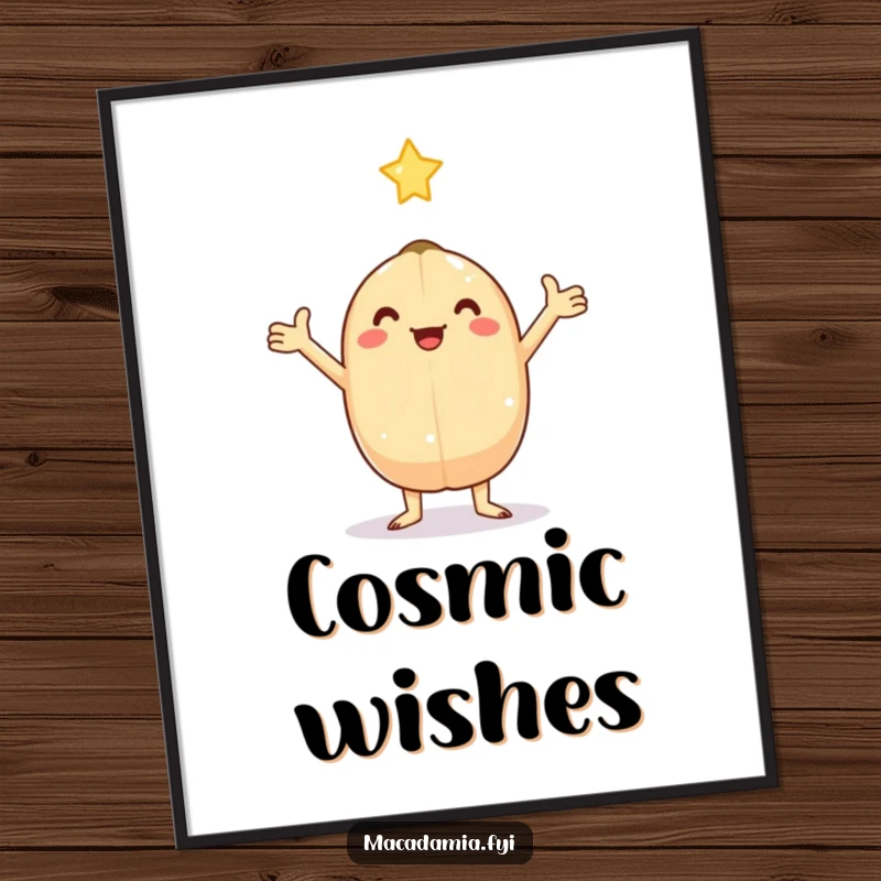 Funny kawaii macadamia nut with arms outstretched, catching a falling star, perfect for humorous wall art.