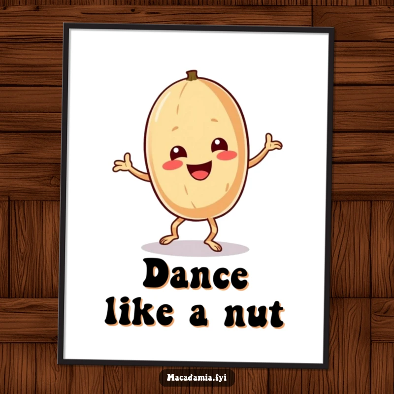 Funny macadamia nut character performing a hilarious, exaggerated dance pose as vibrant wall art.