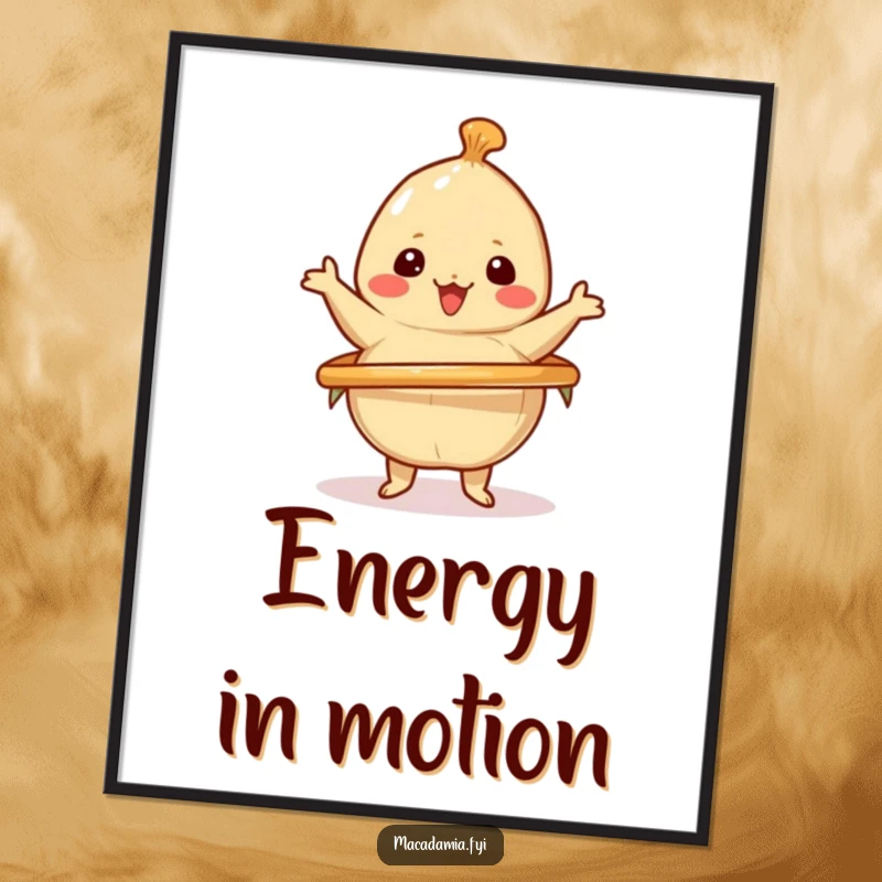 Funny art print of a kawaii macadamia nut cheerfully spinning a hula hoop, perfect for adding energetic and humorous decor.