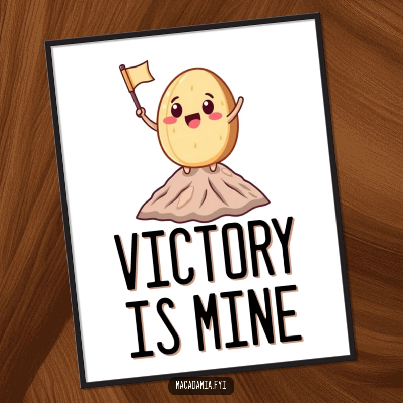 Funny Macadamia Nut character excitedly waving a miniature flag on a tiny mountain peak, perfect for motivational, humorous wall art.