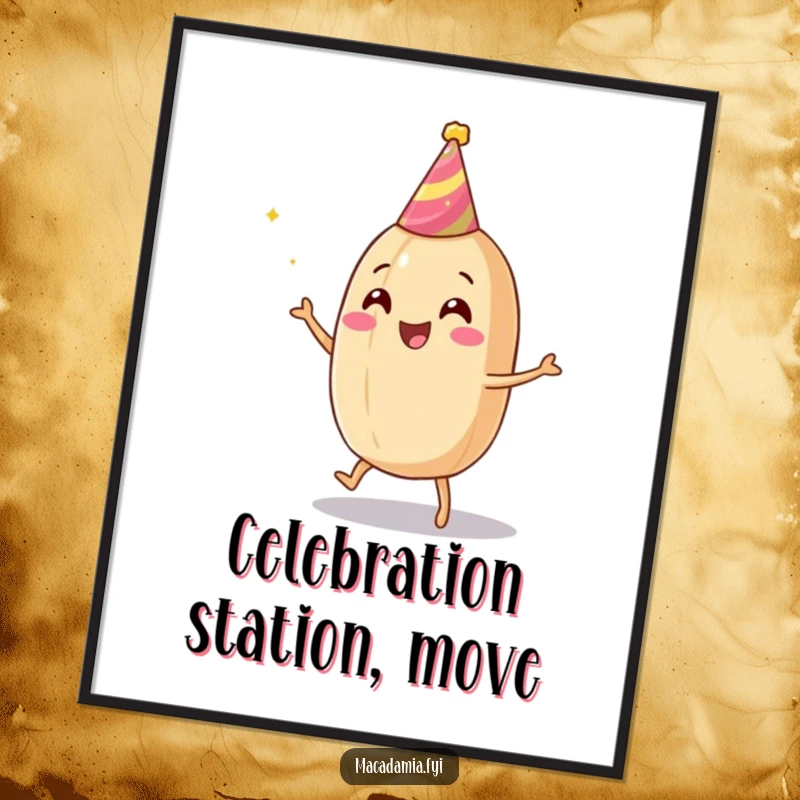 Funny macadamia nut poster showing a nut in a party hat joyfully dancing, adding a celebratory vibe.