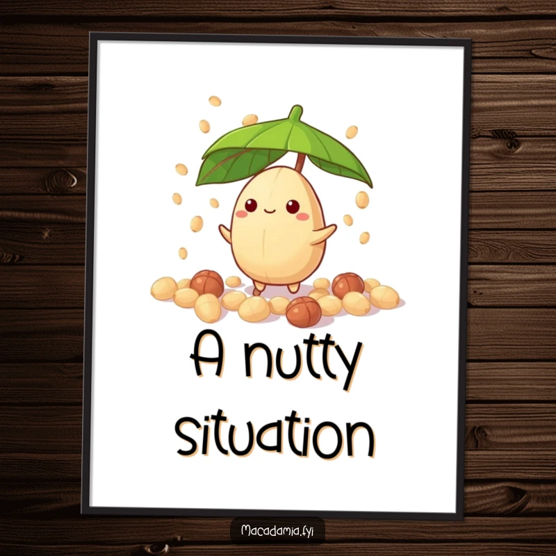 Funny macadamia nut character with leaf umbrella, in a candy nut drizzle, humorous poster art print, great funny gift.
