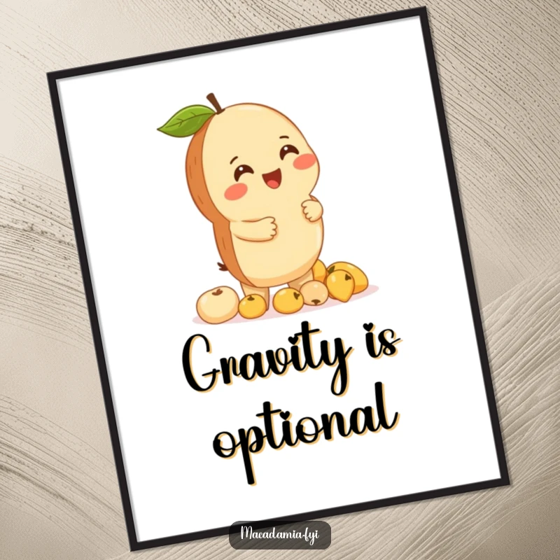 Funny macadamia nut giggling while balancing a towering stack of tiny fruits, displayed as humorous wall art.