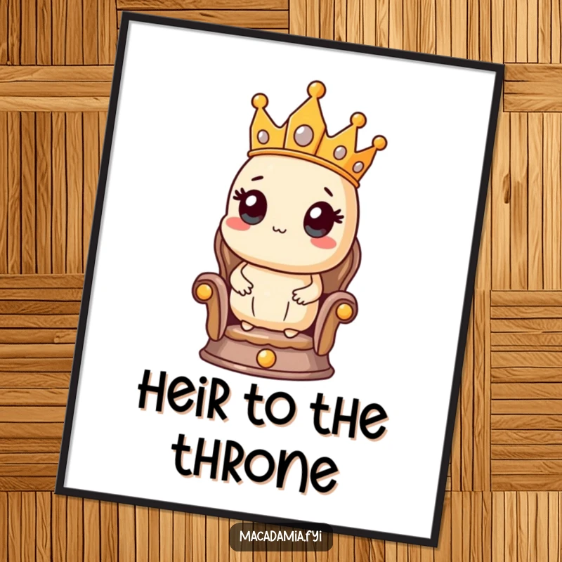 Funny poster featuring a macadamia nut character in a crown, looking proud on a tiny throne, perfect for quirky home decor.