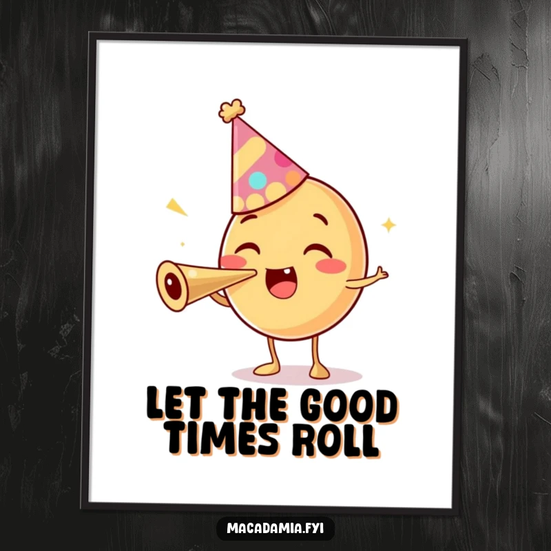 Funny poster of a macadamia nut character in a party hat, excitedly blowing a party horn, bringing festive energy to walls.