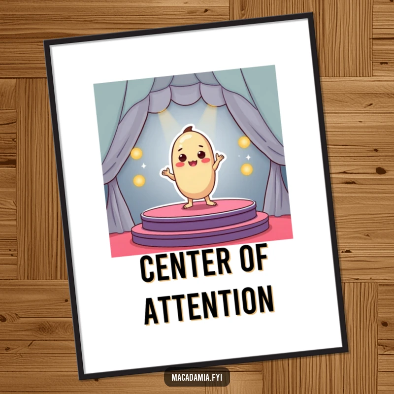 Funny macadamia nut character in a dramatic pose on a colorful stage, poster art, excellent funny gift.