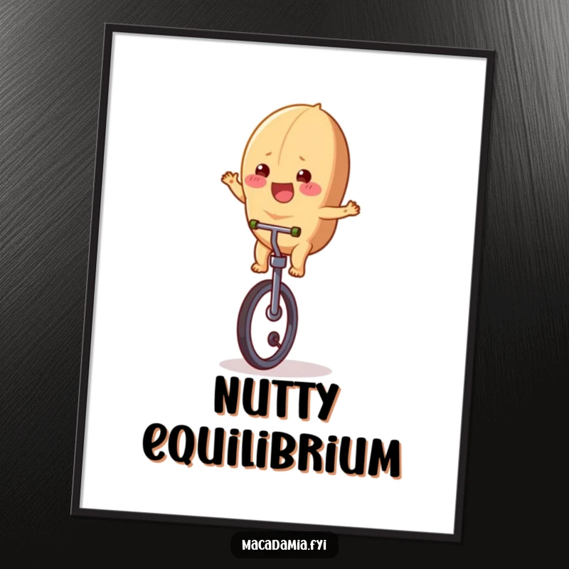 Funny macadamia nut character joyfully riding a unicycle, a vibrant and amusing illustration for wall art.