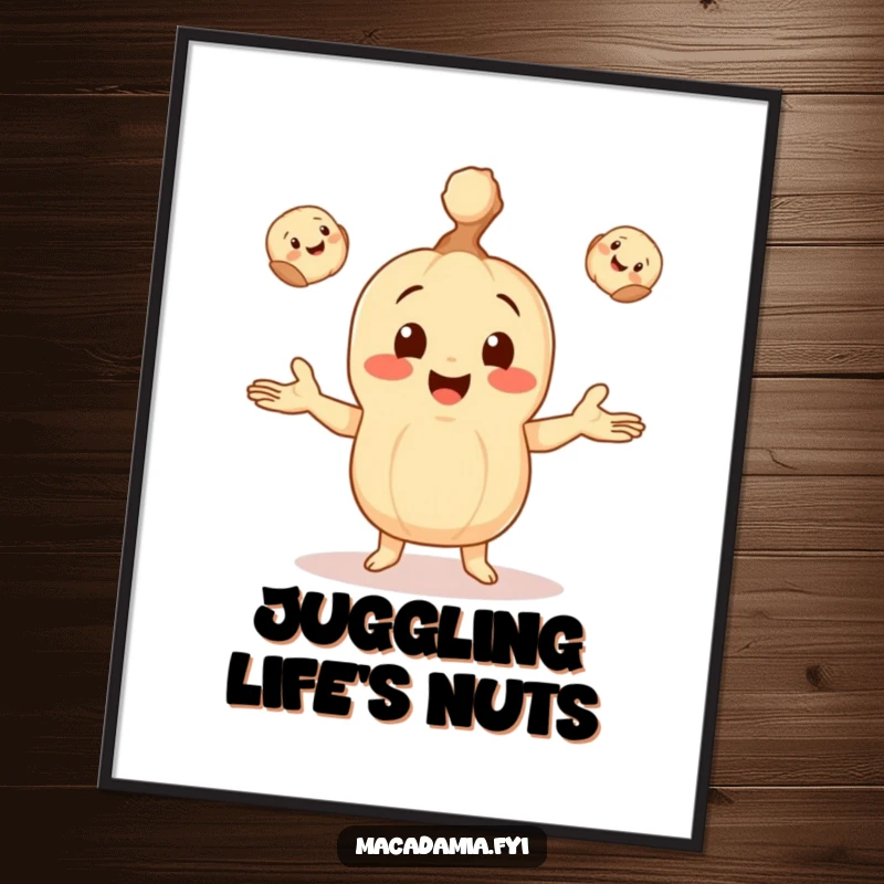 Funny poster art of a macadamia nut character happily juggling three tiny, smiling macadamia nuts, bringing skill and humor to decor.