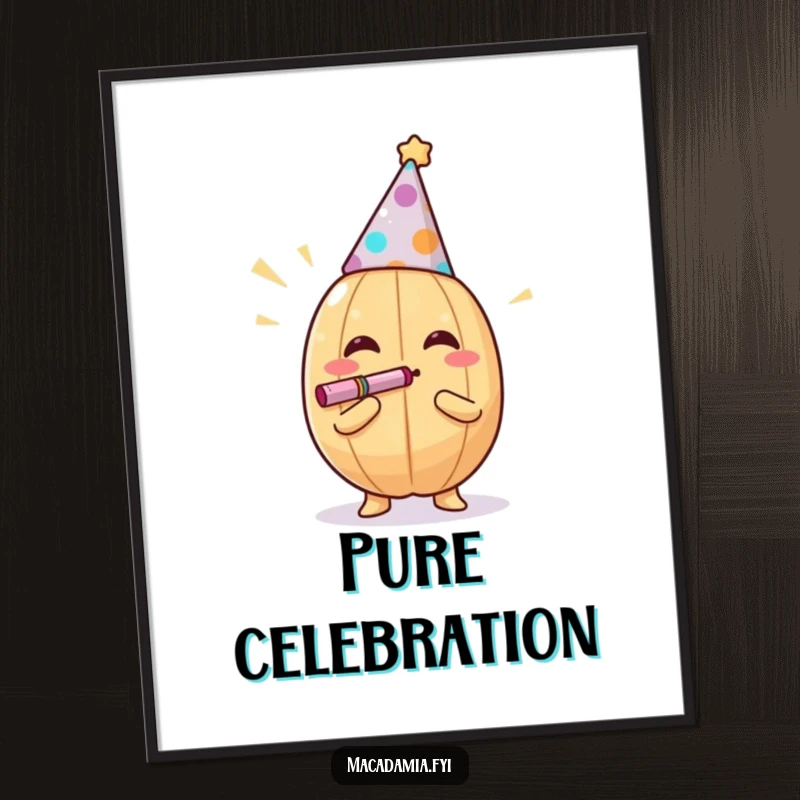 Funny macadamia nut in a party hat blowing a noisemaker as wall art, conveying pure joy, a funny gift.