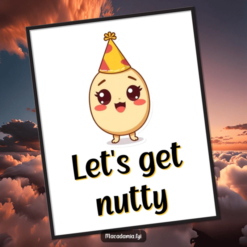 Funny poster art of a macadamia nut character with wide, excited eyes wearing a tiny party hat, bringing festive cheer to decor.