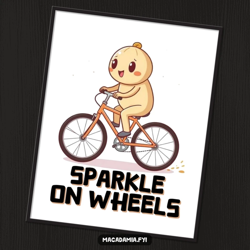 Funny macadamia nut character riding a bicycle quickly, leaving a shimmering trail on a poster, a truly dazzling funny gift.