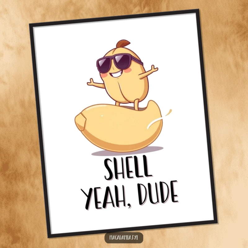 Funny Surfing Nut Poster of a grinning macadamia nut wearing sunglasses, surfing on a giant cashew nut, bringing beach humor.