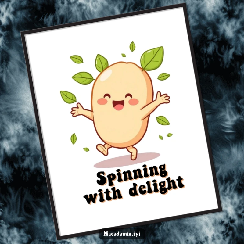 Funny macadamia nut character cartwheeling joyfully, with dynamic spinning leaves, showcased as eye-catching wall art.