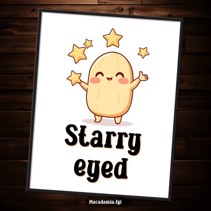 Funny macadamia nut poster of a rosy-cheeked character juggling sparkling stars, vibrant celestial wall decor.