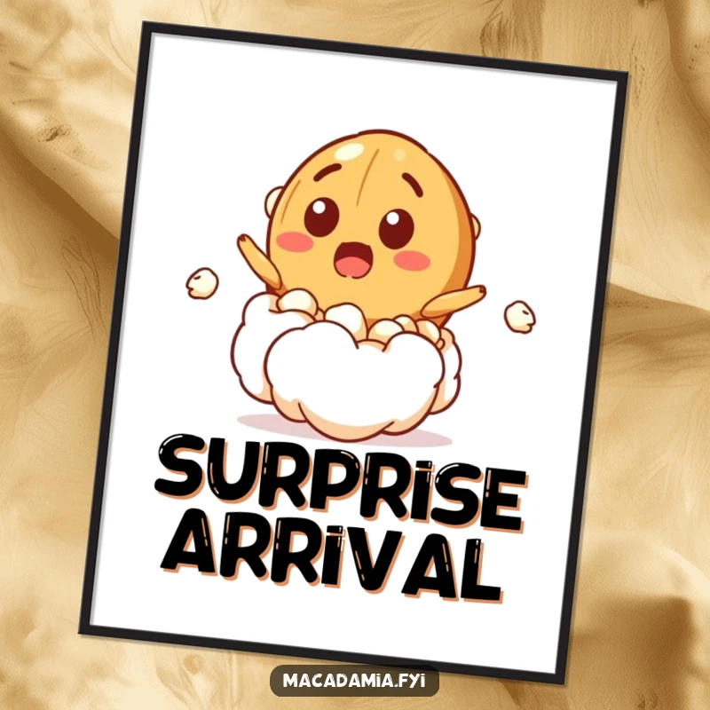 Funny poster of a macadamia nut character bursting out of a popcorn kernel with a surprised grin, capturing a moment of delightful shock.