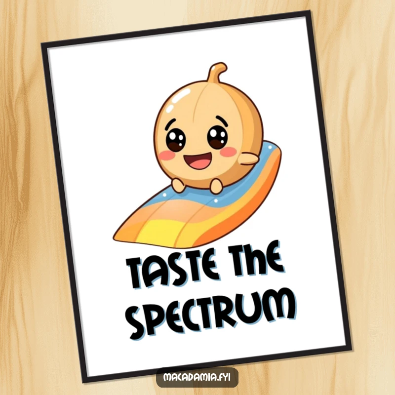 Funny macadamia nut poster display a googly-eyed character joyfully sliding down a vibrant rainbow, a cheerful wall art piece.