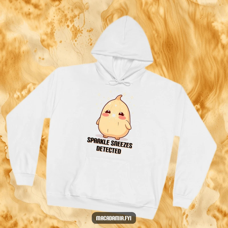 Funny macadamia nut character caught in a moment of a sparkly sneeze, depicted on a cozy, warm hoodie.