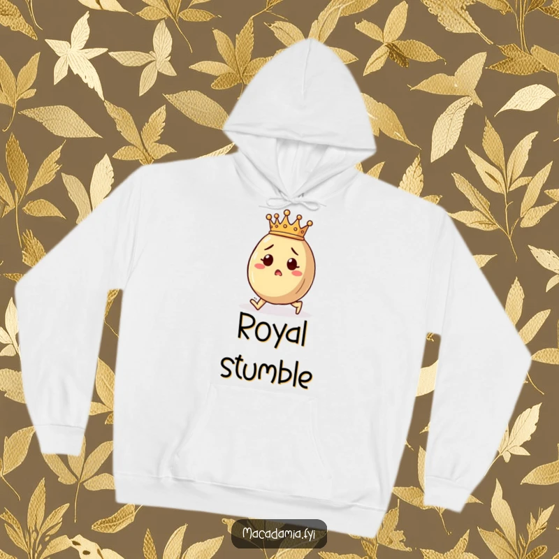 Funny macadamia nut hoodie featuring a crowned character comically tripping with a surprised look, offering cozy humor.
