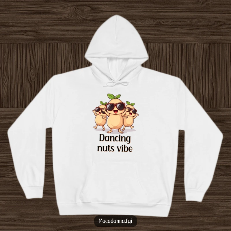 Funny macadamia nuts wearing sunglasses, dancing energetically, printed on a cozy, warm hoodie.