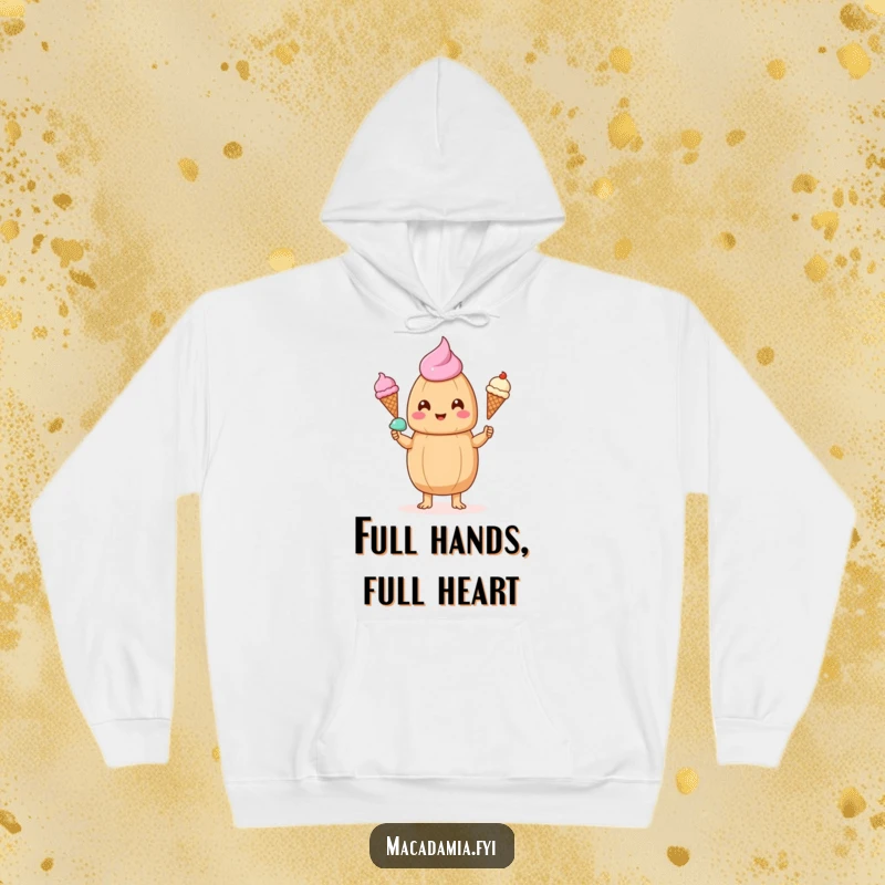 Funny kawaii macadamia nut juggling three delicious ice cream cones, perfect for a cozy and humorous hoodie.