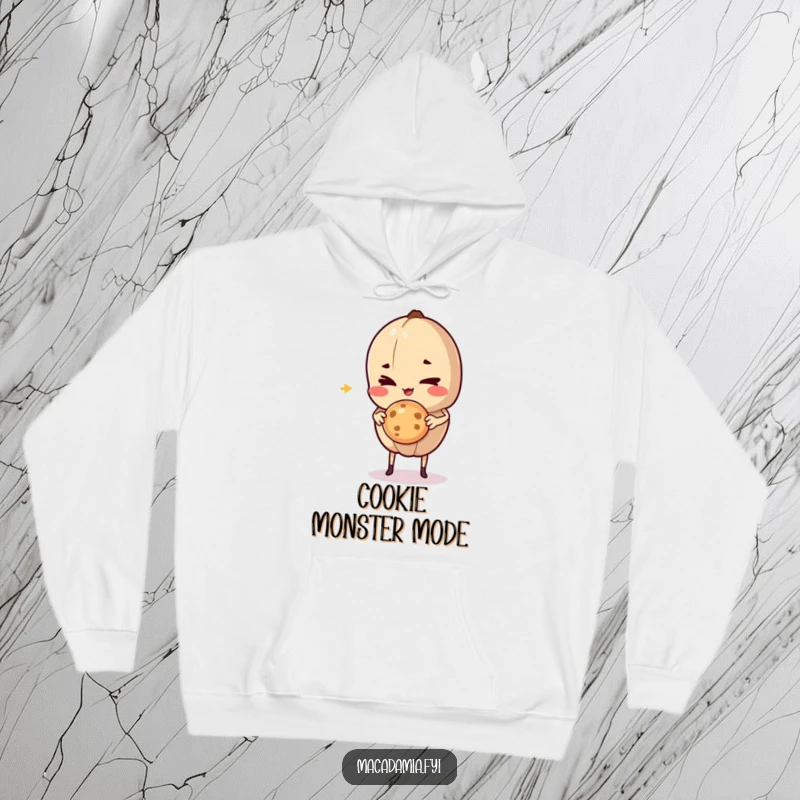 Funny Macadamia Nut character giving a mischievous wink while holding a delicious cookie mid-air, perfect for cozy, humorous wear.