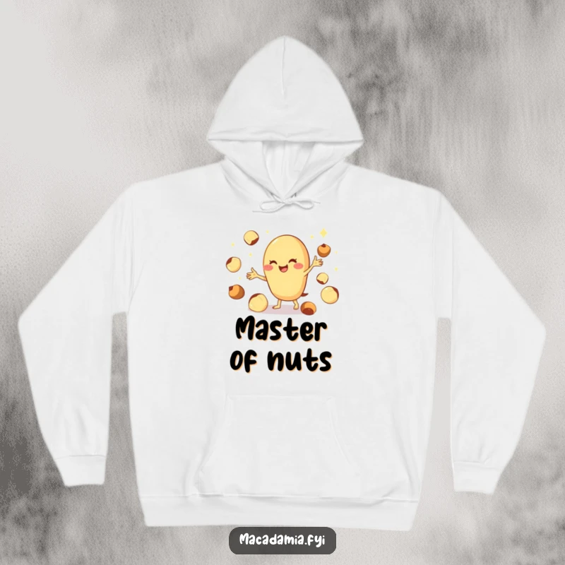 Funny macadamia nut hoodie art depicting a cheerful character skillfully juggling numerous shiny nuts with great dexterity.