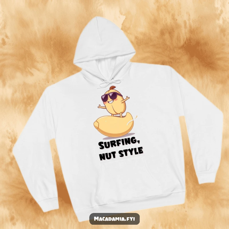 Funny Surfing Nut Hoodie featuring a cool macadamia nut in sunglasses surfing on a giant cashew nut, offering warmth and humor.
