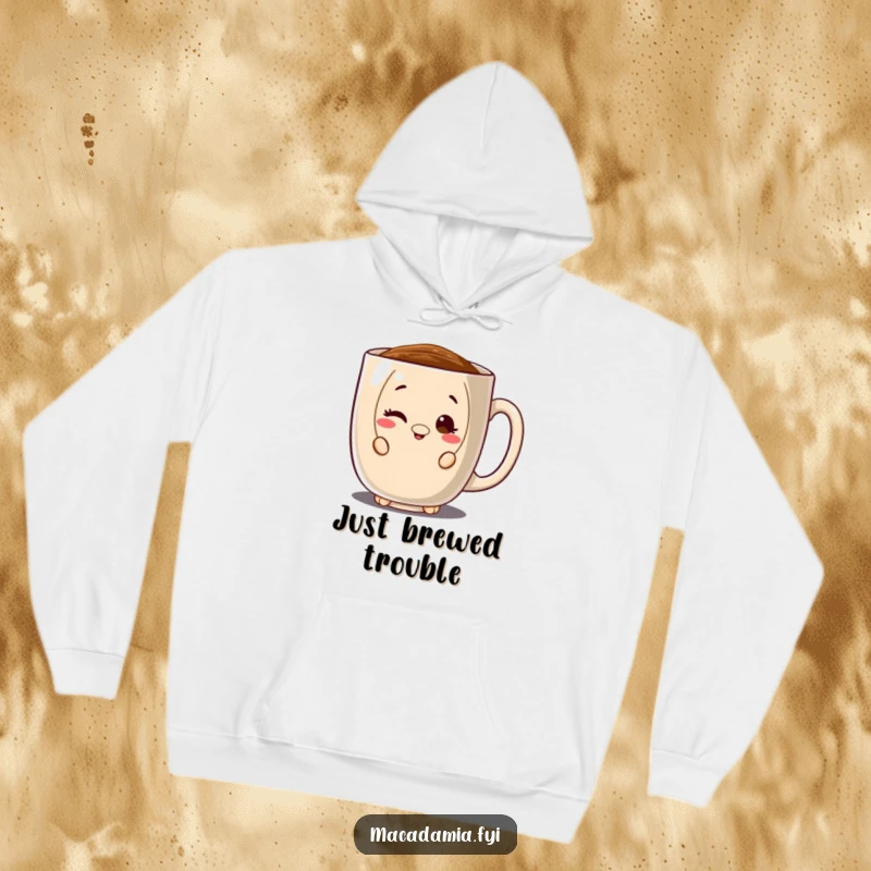 Funny hoodie with a macadamia nut character peeking from behind a giant coffee mug, winking playfully for cozy coffee moments.