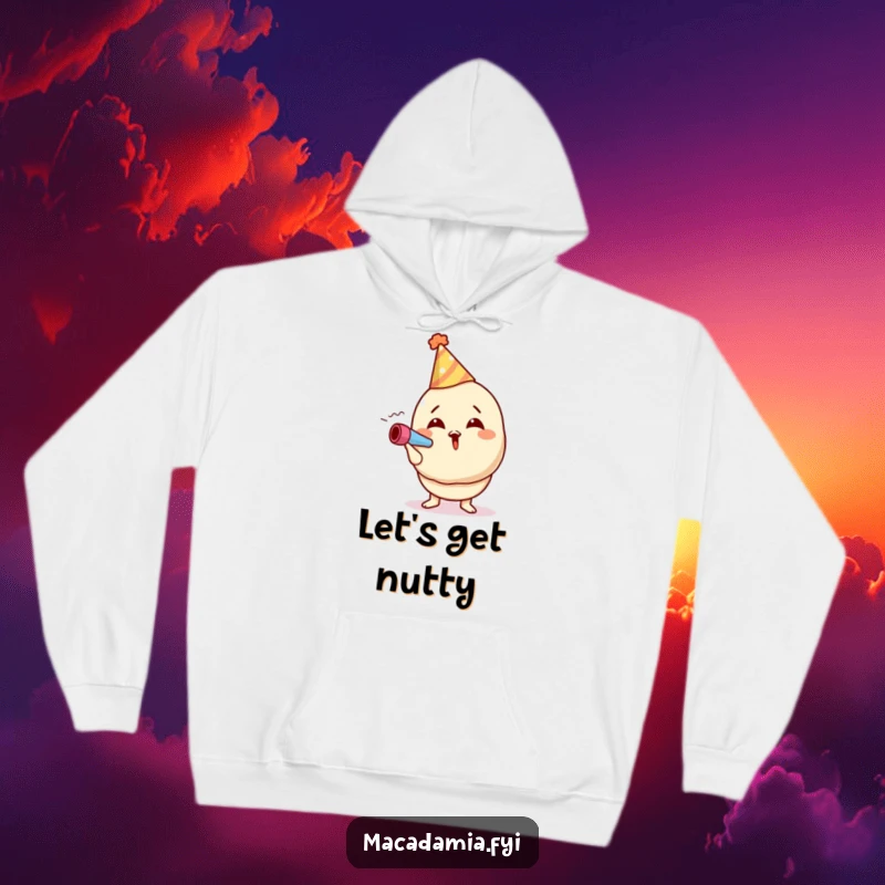 Funny macadamia nut hoodie art depicting a cheerful character in a party hat, excitedly blowing a noisemaker with festive energy.