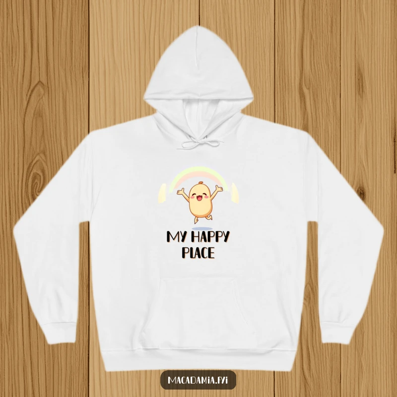 Funny macadamia nut hoodie featuring a joyful macadamia nut leaping towards a rainbow, offering warmth and inspirational humor.