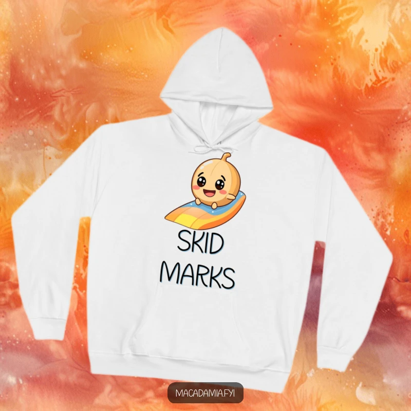 Funny macadamia nut hoodie featuring a googly-eyed character sliding down a colorful rainbow, perfect for cozy, happy days.