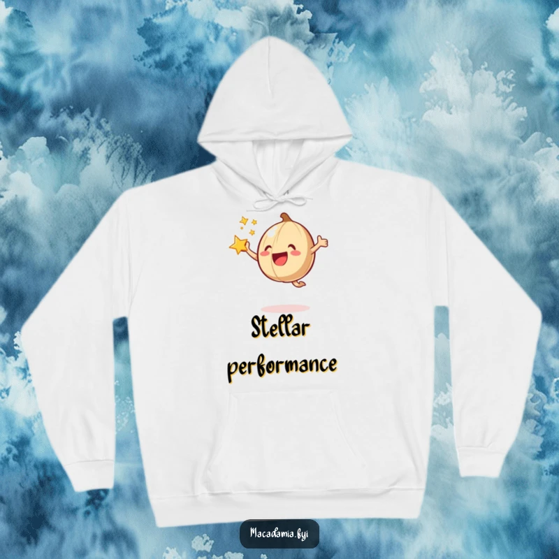 Funny macadamia nut joyfully jumps with a starburst around it on a soft, warm hoodie.