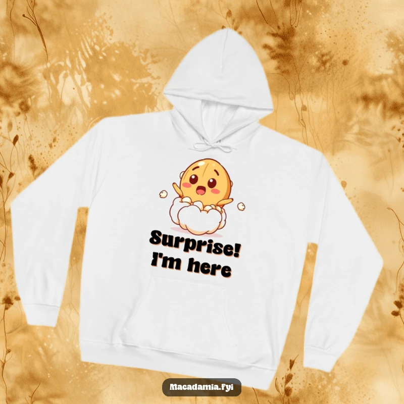 Funny hoodie featuring a macadamia nut character bursting out of a popcorn kernel with a surprised grin, symbolizing fun and unexpected moments.