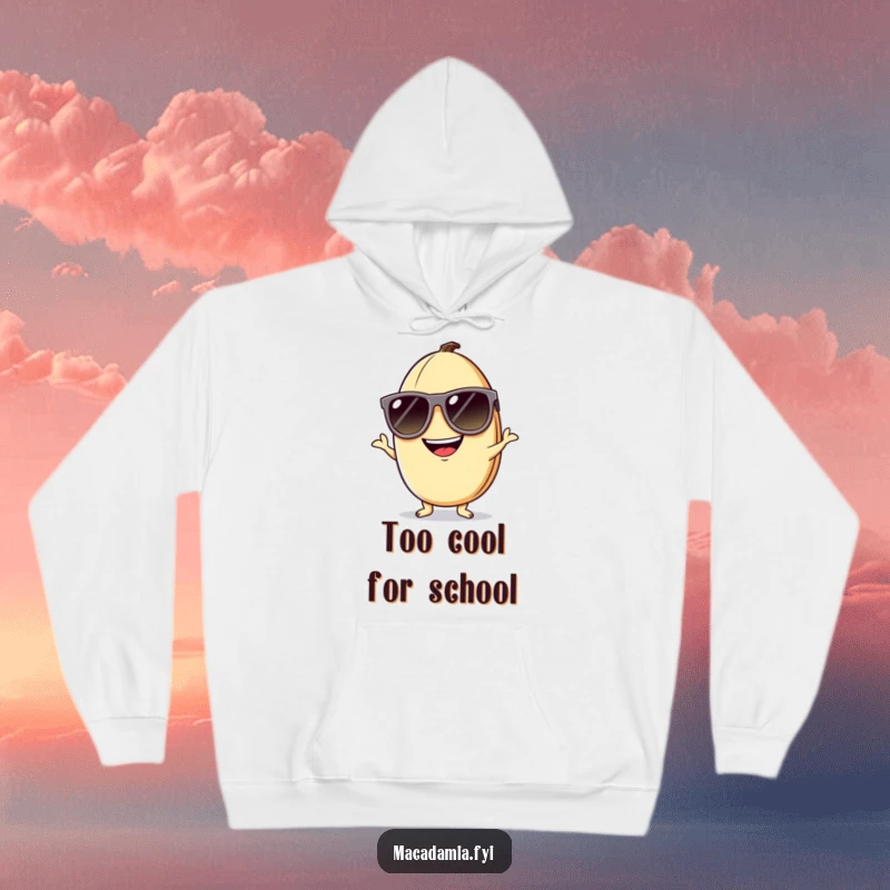 Funny macadamia nut hoodie showing a playful nut in oversized sunglasses with a silly grin, embodying cool vibes.