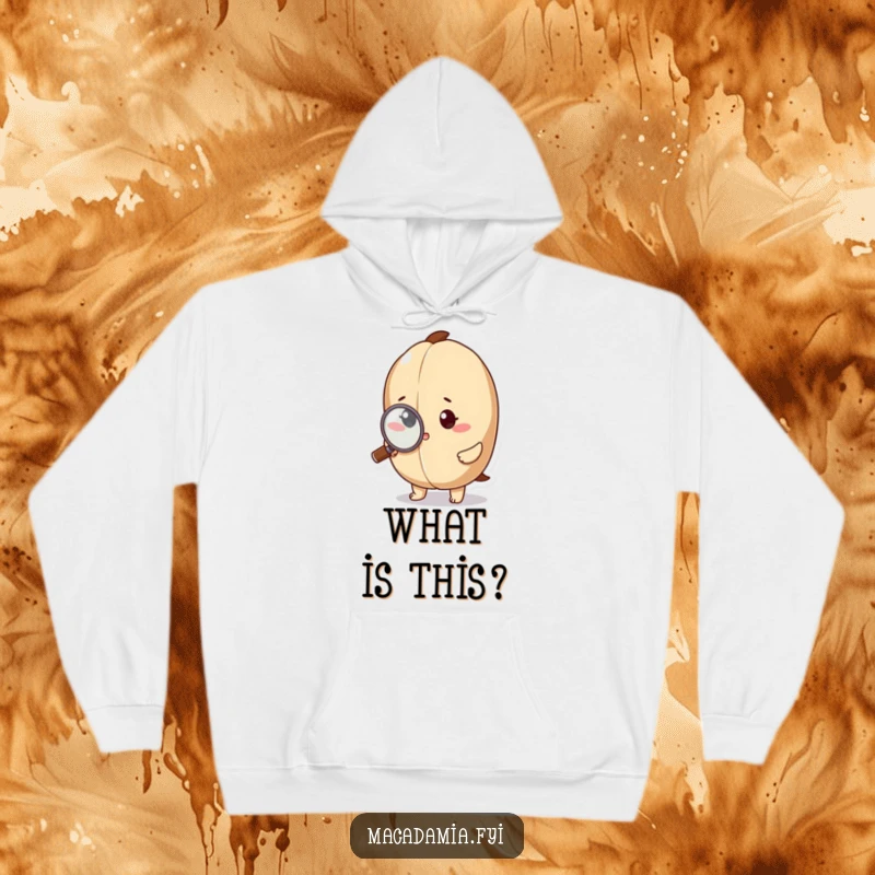 Funny macadamia nut character closely inspecting a minuscule detail with a magnifying glass on a cozy hoodie.