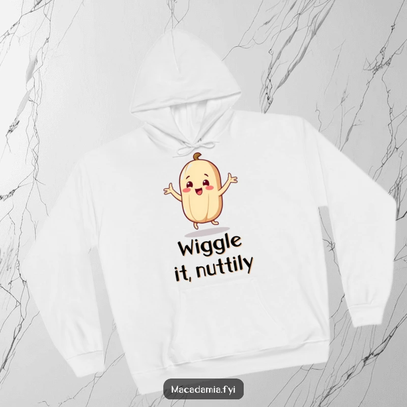 Funny Nut Hoodie: A macadamia nut character dances with flailing arms joyfully, offering a cozy and humorous experience.