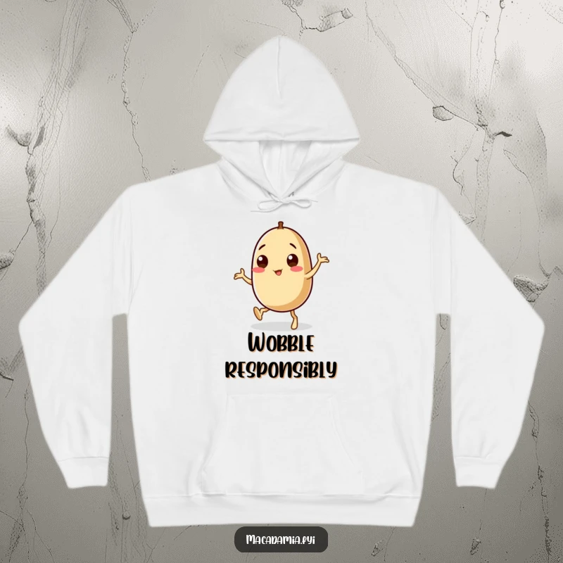 Funny macadamia nut character dancing with exaggerated wobbly legs, featured on a cozy hoodie for maximum comic effect.