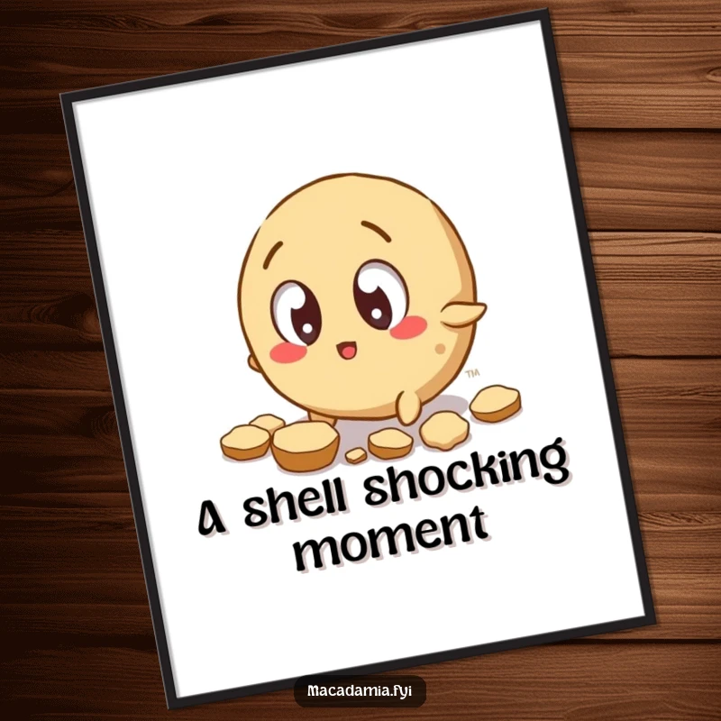 Funny Free Printable Wall Art: A wide-eyed macadamia nut character trips, scattering shell pieces.