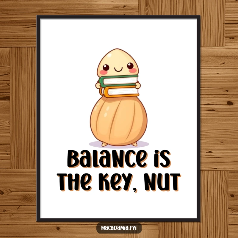 Funny Free Printable Wall Art: A proud macadamia nut with a grin balances a tall stack of miniature books, looking very intelligent.