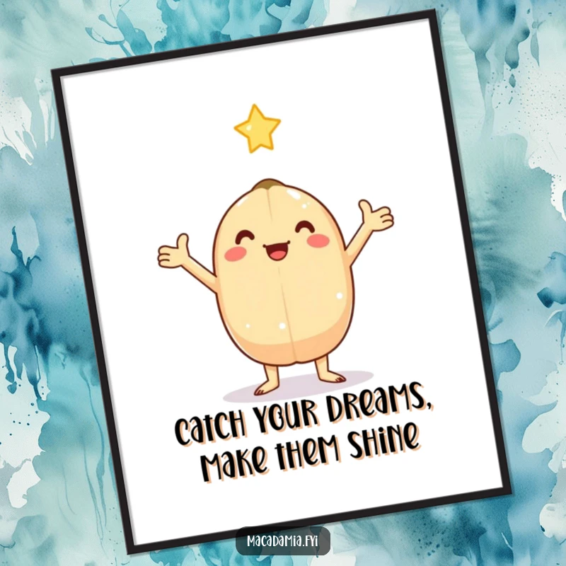 Funny Free Printable Wall Art: Kawaii macadamia nut with outstretched arms catches a falling star.