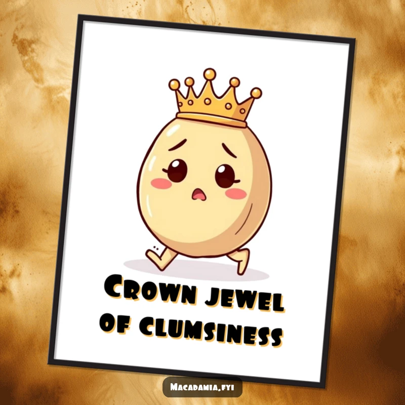 Funny Free Printable Wall Art: A crowned macadamia nut hilariously trips over its feet, looking utterly surprised.