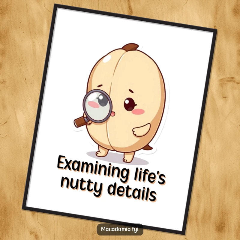 Funny Free Printable Wall Art featuring a macadamia nut character intensely examining a tiny speck with a magnifying glass, conveying curiosity and focus.