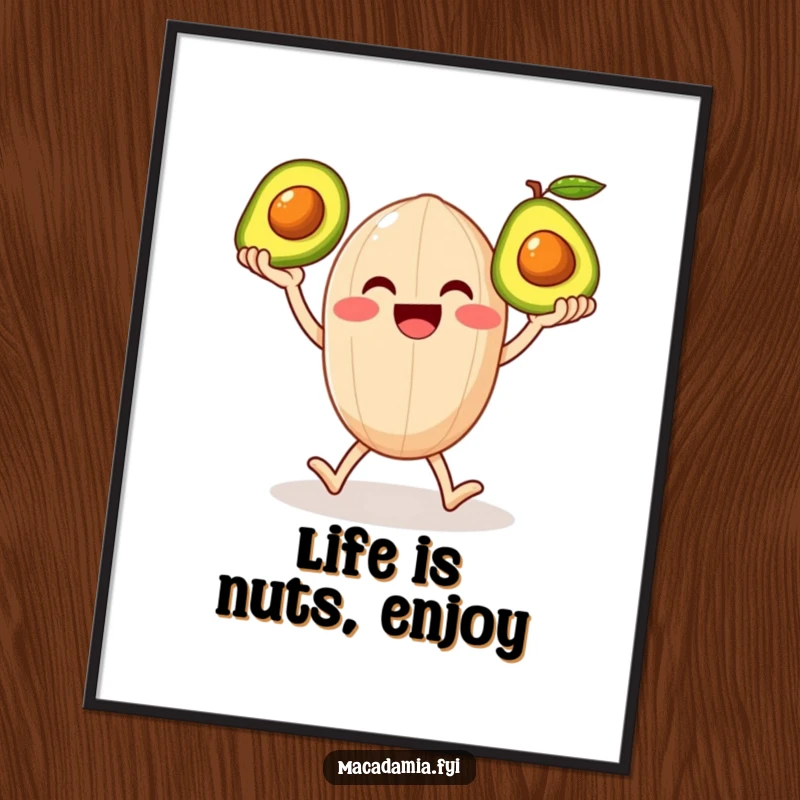 Funny Free Printable Wall Art of a smiling macadamia nut juggling three shiny green avocados.