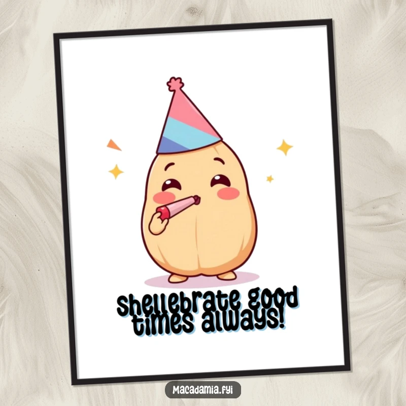 Funny Free Printable Wall Art: Kawaii macadamia nut in party hat blowing noisemaker, exuding pure celebration.