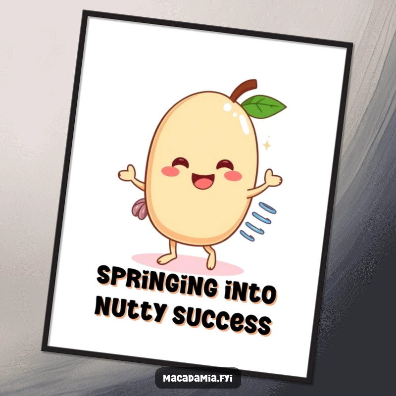 Funny Free Printable Wall Art: A macadamia nut with a spring attached dances energetically, bringing a burst of joy to any room.