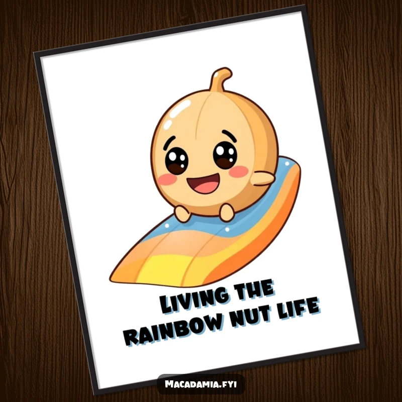 Funny Free Printable Wall Art of a googly-eyed macadamia nut gleefully sliding down a colorful rainbow.
