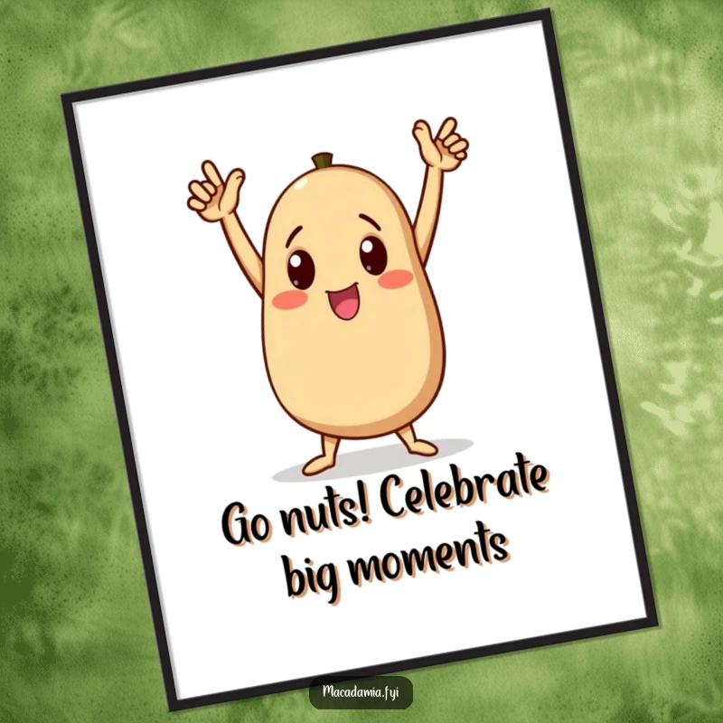 Funny Free Printable Wall Art depicting a macadamia nut character performing a triumphant dance with arms raised high, radiating pure happiness.